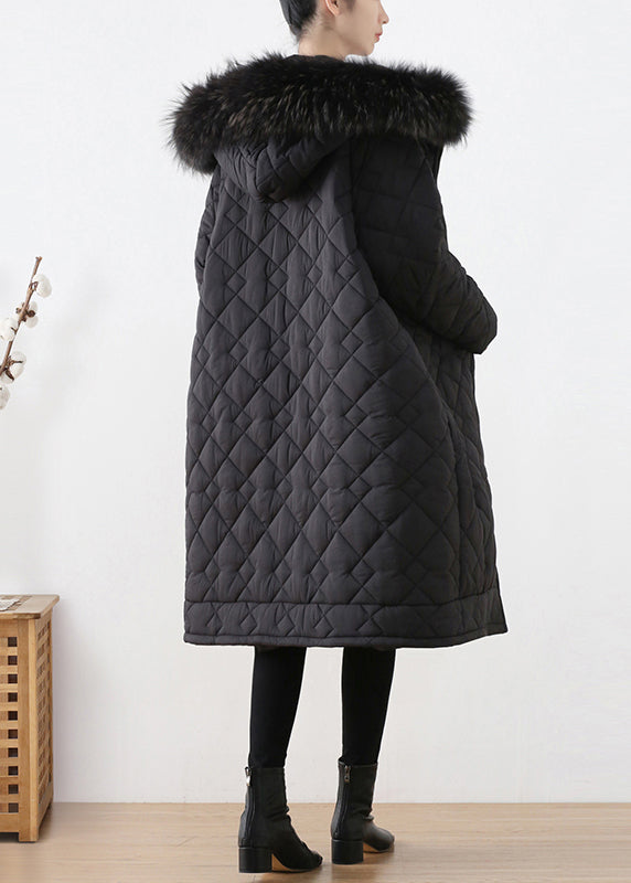 Blck Plaid Thick Hooded Long Parka Winter