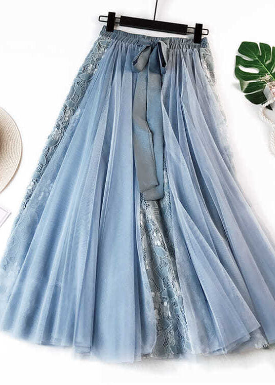 Blue Bow Patchwork Tulle Skirt Wrinkled Elastic Waist Spring