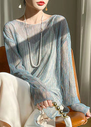 Blue Bright Silk Cozy Tulle Top O Neck Long Sleeve