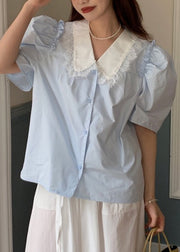 Blue Button Cotton Shirts Puff Sleeve