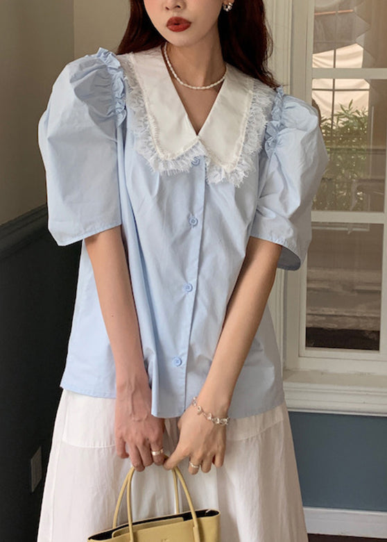 Blue Button Cotton Shirts Puff Sleeve