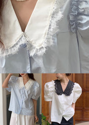 Blue Button Cotton Shirts Puff Sleeve