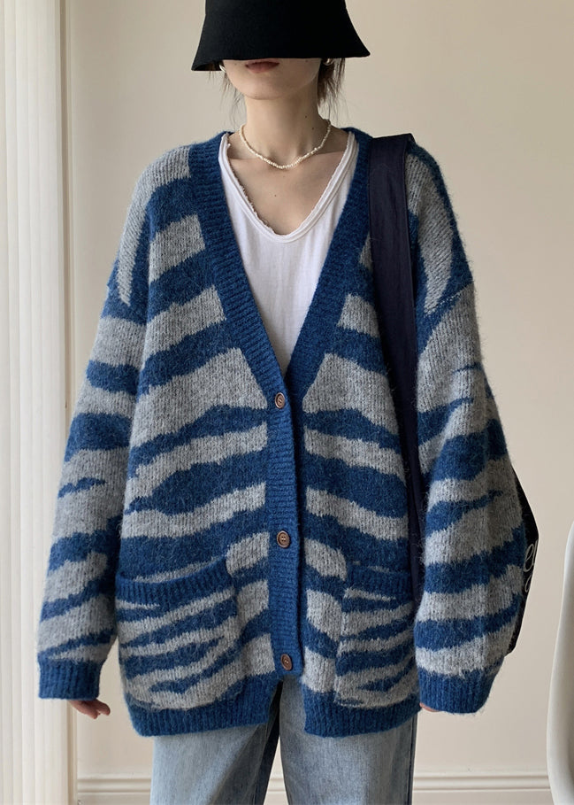 Blue Button Cozy Loose Knit Winter Cardigans V Neck