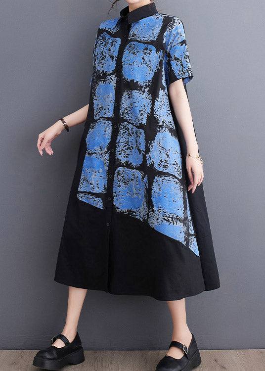 Blue Button Long Shirt Dress Short Sleeve