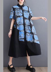 Blue Button Long Shirt Dress Short Sleeve