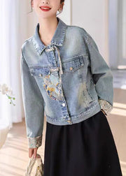 Blue Button Patchwork Denim Coats Peter Pan Collar Spring