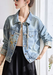 Blue Button Patchwork Denim Coats Peter Pan Collar Spring