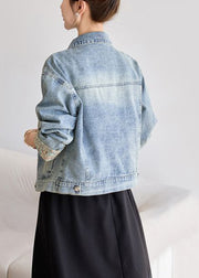 Blue Button Patchwork Denim Coats Peter Pan Collar Spring