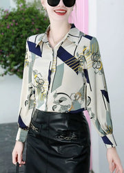 Blue Button Print Silk Blouses Peter Pan Collar Spring