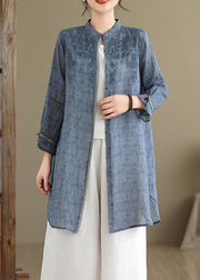 Blue Button Side Open Mid Shirts Spring