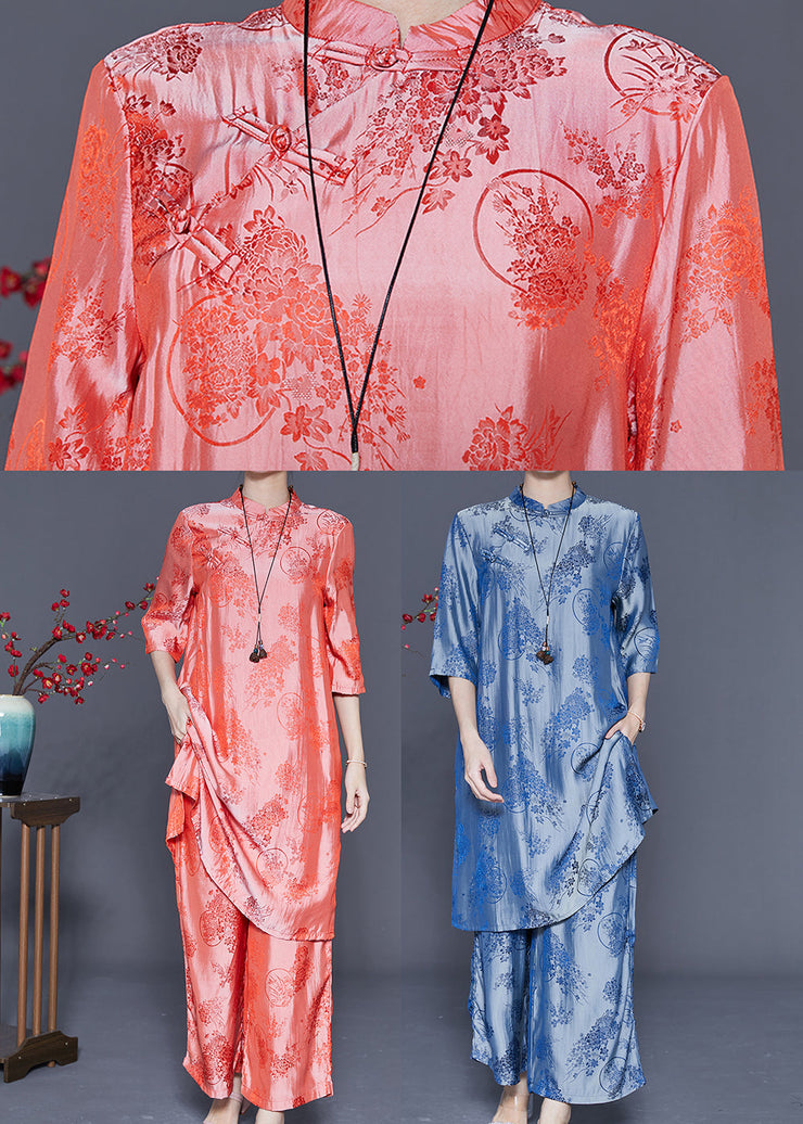 Blue Chinese Style Silk Two Pieces Set Chinese Button Half Sleeve