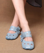 Blue Chunky Cowhide Leather Floral Hollow Out Slide Sandals