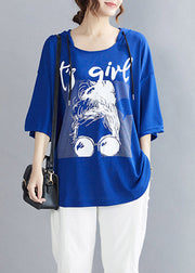 Blue Cinched Cotton Hooded T Shirt Summer