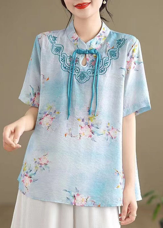 Blue Cotton Shirt Tasseled Stand Collar Embroidered Summer