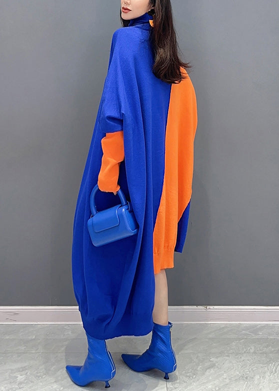 Blue Cozy Patchwork Cotton Knit Dresses Turtleneck Batwing Sleeve