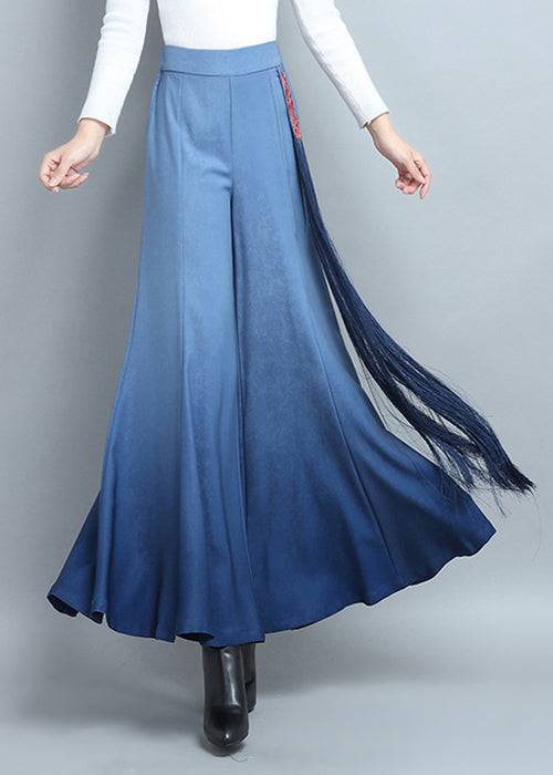 Blue Elastic Waist Cotton Wide Leg Pants Tasseled Spring