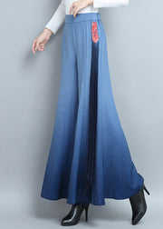 Blue Elastic Waist Cotton Wide Leg Pants Tasseled Spring