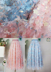 Blue Embroideried Floral Elastic Waist Tulle Maxi Skirt Spring