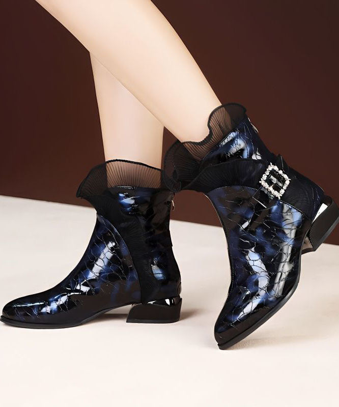 Blue Faux Leather Warm Fleece Boots Splicing Zircon Lace