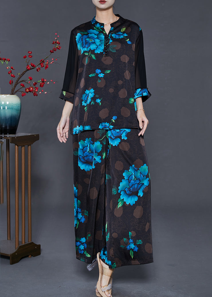 Blue Floral Silk Two Piece Suit Set Oversized Fall