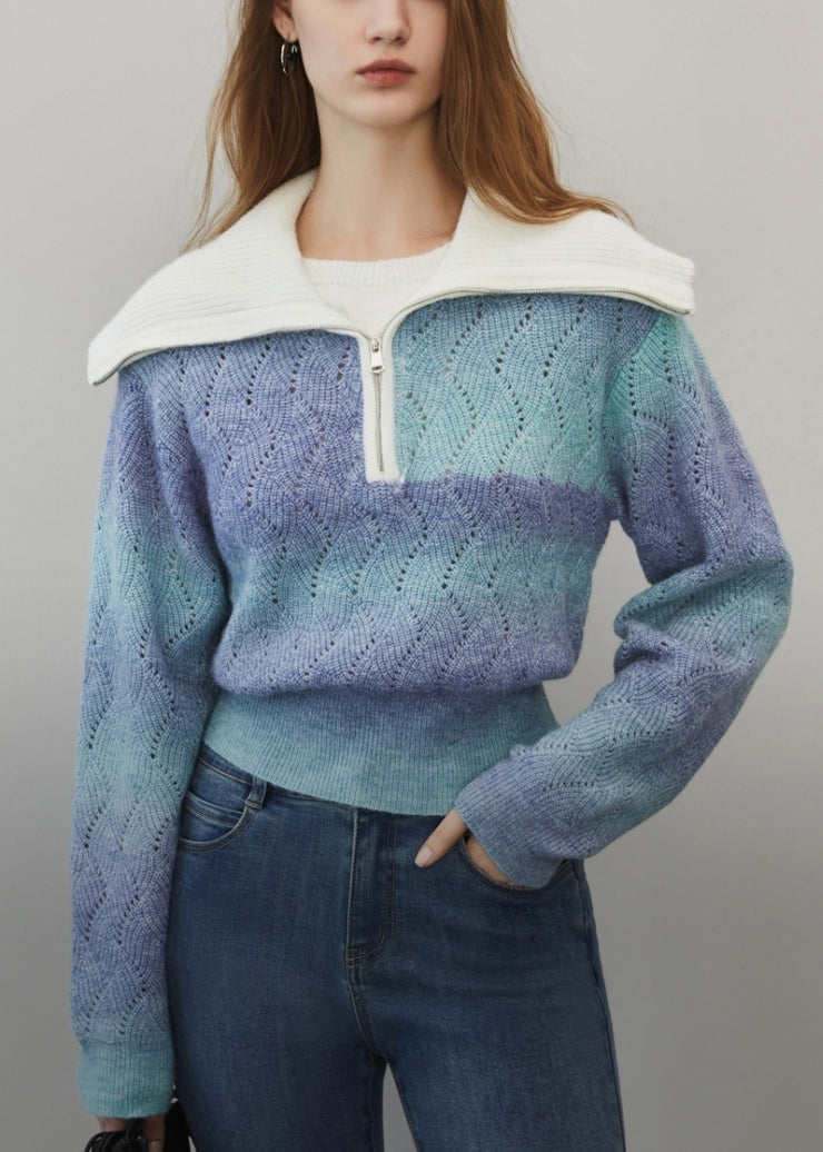 Blue Gradient Color Hollow Out Wool Knit Sweater Zip Up Winter