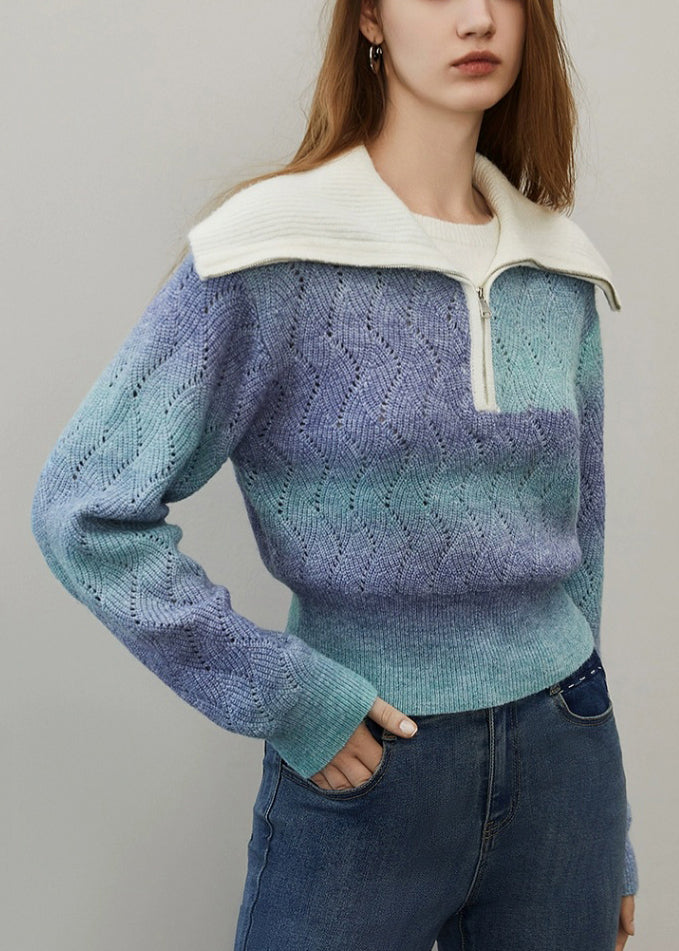 Blue Gradient Color Hollow Out Wool Knit Sweater Zip Up Winter