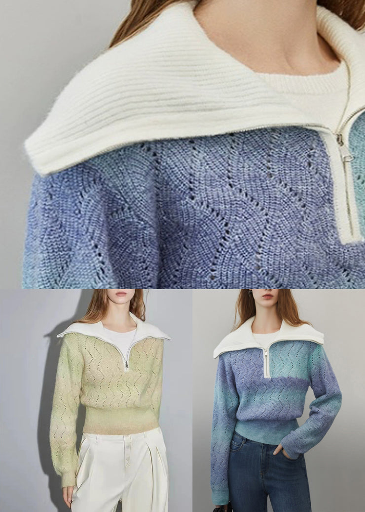 Blue Gradient Color Hollow Out Wool Knit Sweater Zip Up Winter