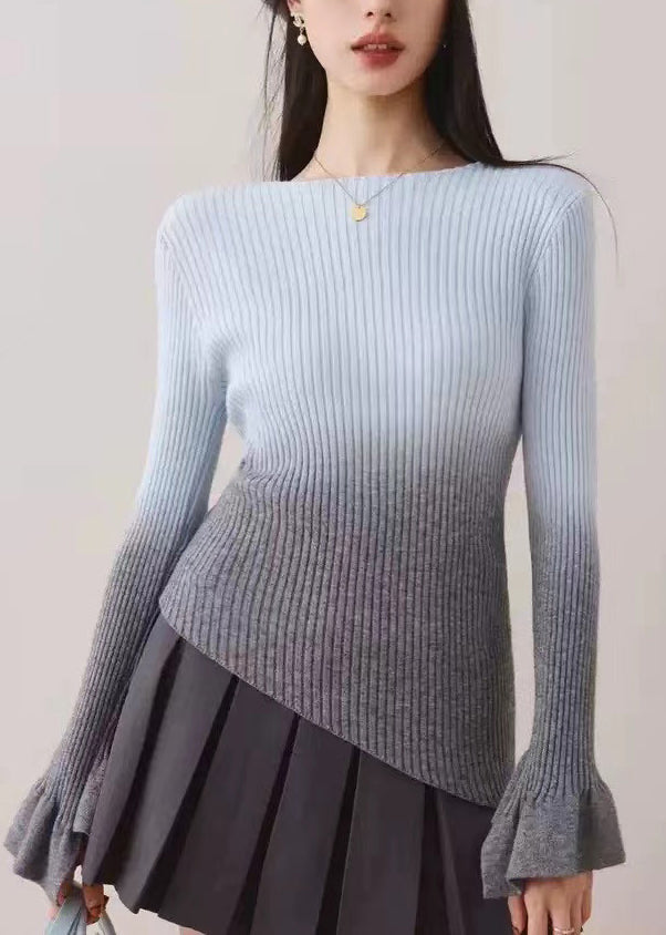 Blue Gradient Knit Sweaters Slash Neck Asymmetrical Fall