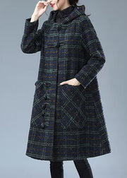 Blue Green Plaid Warm Woolen Coat Outwear Pockets Hooded Winter