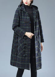 Blue Green Plaid Warm Woolen Coat Outwear Pockets Hooded Winter