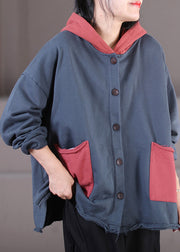 Blue Grey Colour Button Cotton Hooded Coats Fall