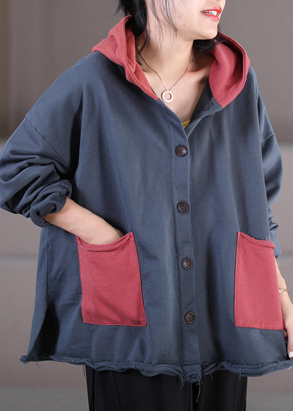 Blue Grey Colour Button Cotton Hooded Coats Fall