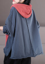 Blue Grey Colour Button Cotton Hooded Coats Fall