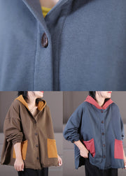 Blue Grey Colour Button Cotton Hooded Coats Fall