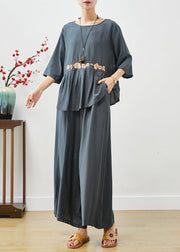 Blue Grey Cotton Two Piece Set Women Clothing Embroideried Fall