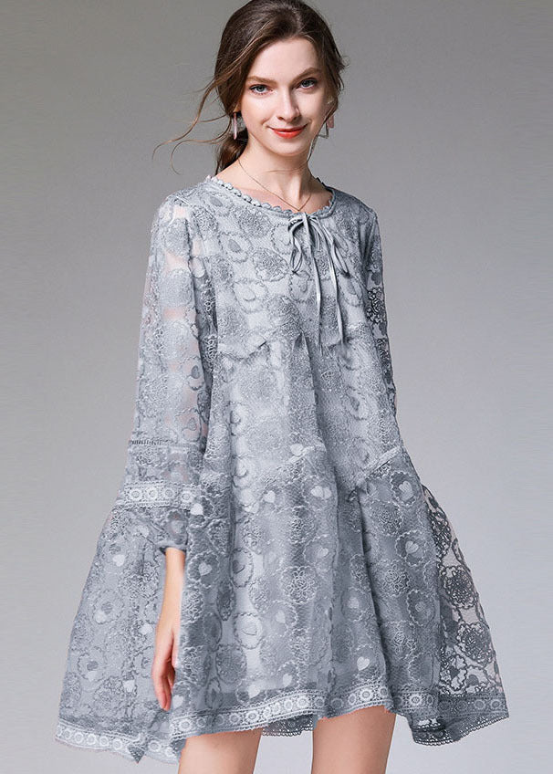 Blue Grey Hollow Out Lace Maxi Dress O-Neck Embroideried Long Sleeve