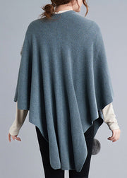 Blue Grey Patchwork Knit Cape Coats Fuzzy Ball Asymmetrical Fall