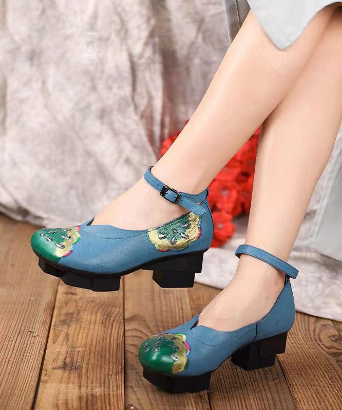 Blue High Heels Chunky Cowhide Leather Fine Splicing Buckle Strap