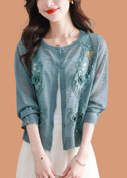 Blue Hollow Out Ice Size Knit Cardigans Long Sleeve