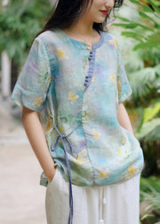 Blue Lace Up Patchwork Linen Blouses O Neck Short Sleeve