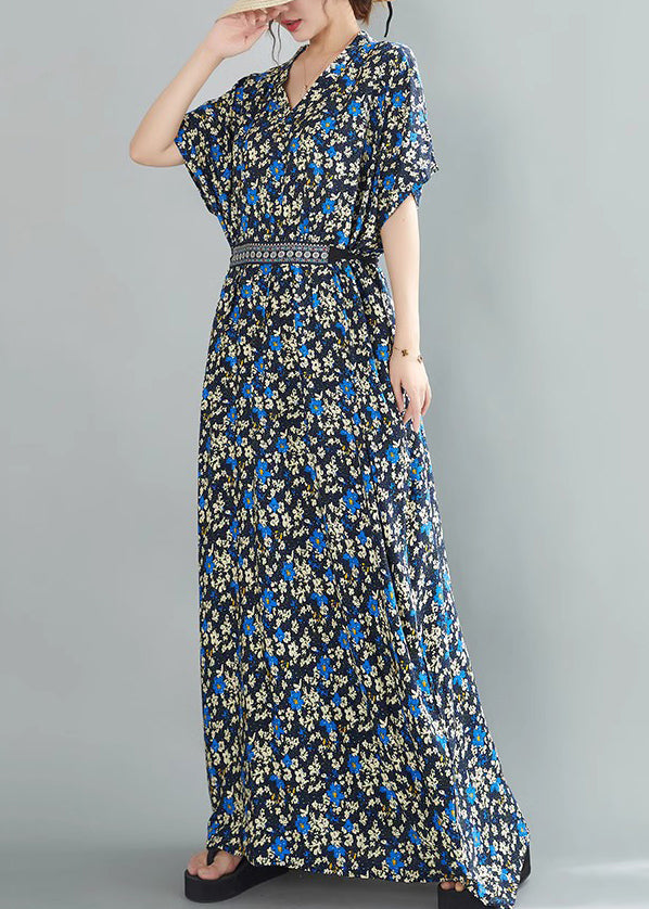 Blue Lace Up Pockets Cotton Long Dresses V Neck Summer