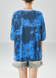 Blue Letter Print Cotton Tank Oversized Tie Dye Summer