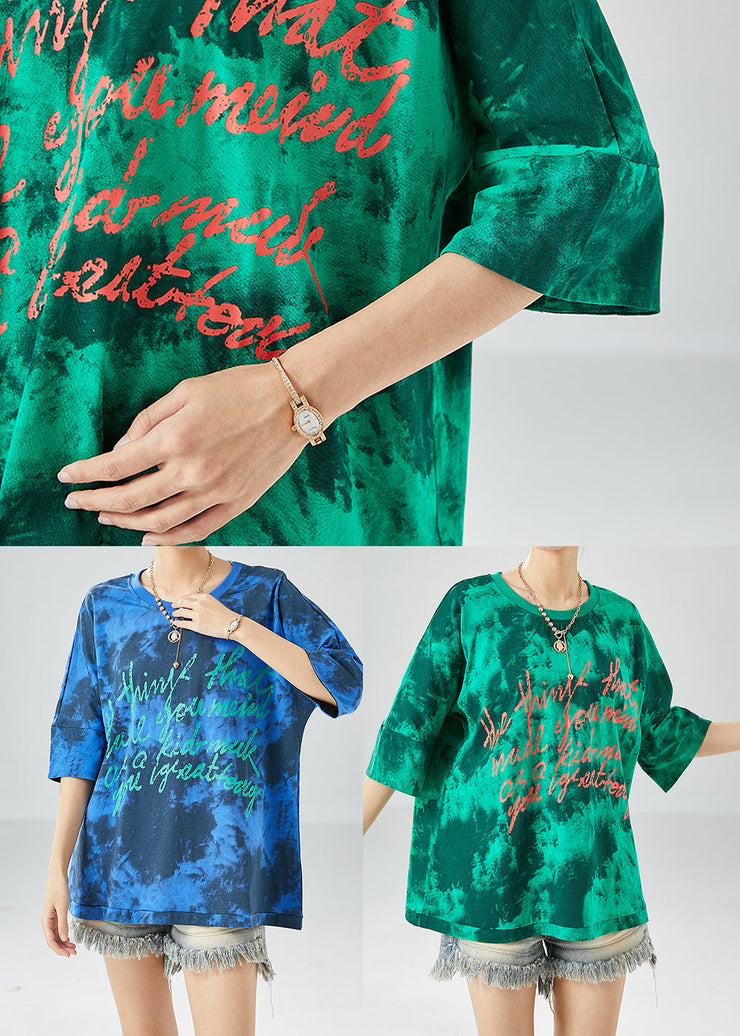 Blue Letter Print Cotton Tank Oversized Tie Dye Summer