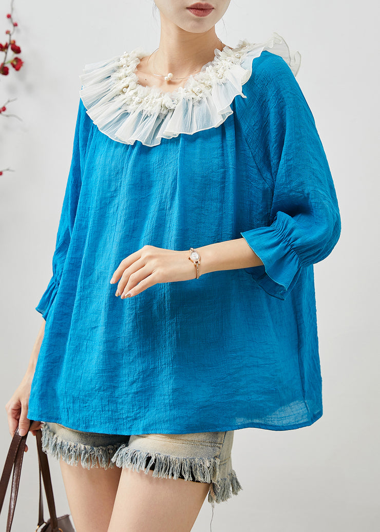 Blue Loose Chiffon Shirt Tops Peter Pan Collar Nail Bead Fall