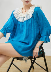 Blue Loose Chiffon Shirt Tops Peter Pan Collar Nail Bead Fall