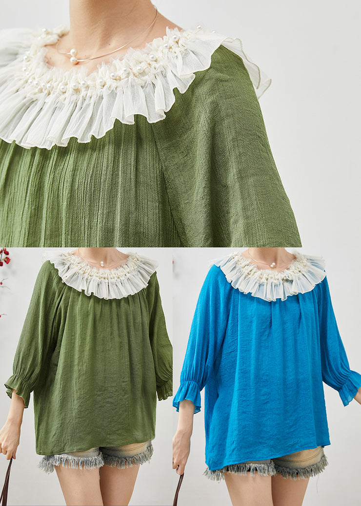 Blue Loose Chiffon Shirt Tops Peter Pan Collar Nail Bead Fall