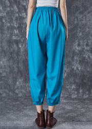 Blue Loose Linen Harem Pants Embroidered Summer