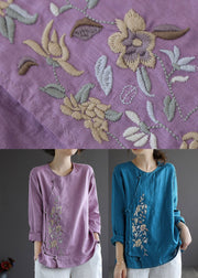 Blue Loose Linen Shirt Tops Embroideried Long Sleeve