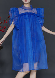 Blue Loose Tulle Tea Dress Stand Collar Butterfly Sleeve