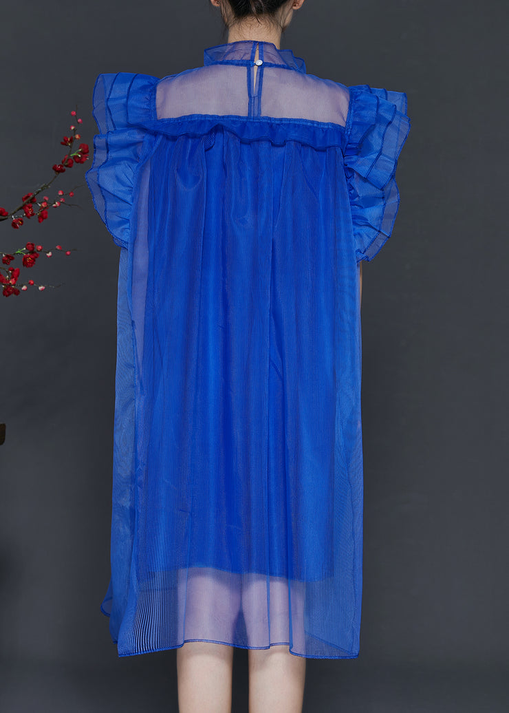 Blue Loose Tulle Tea Dress Stand Collar Butterfly Sleeve